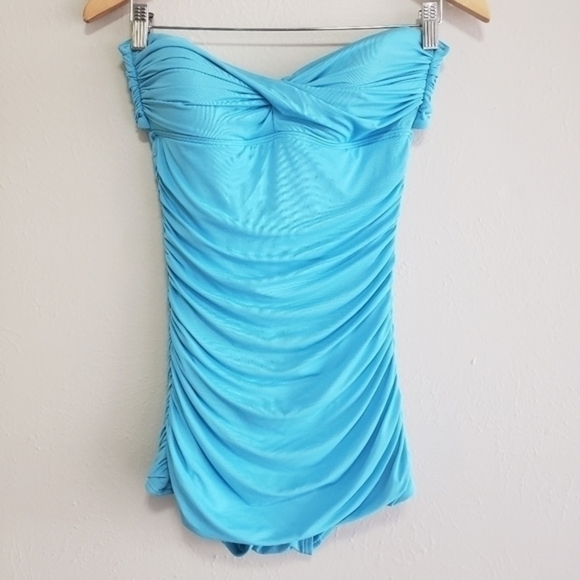 CARMEN Marc Valvo Smocked Bandeau Swimdres Waterfall Solid - Picture 3 of 11